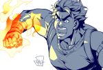  1boy blue_eyes burning_hand clenched_hand jojo_no_kimyou_na_bouken jonathan_joestar male_focus monochrome muscle open_mouth signature solo spot_color upper_body wasabu 