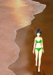  1girl amagami artist_request barefoot beach bikini black_hair footprints green_bikini messy_hair sand shadow smile solo surf swimsuit tanamachi_kaoru walking 