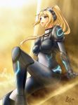  1girl blonde_hair blue_eyes bodysuit female long_hair nova_(starcraft) ponytail rokugatsu_no_usagi sitting solo starcraft 