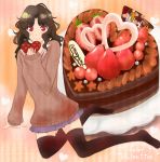  1girl alternate_costume amagami arm_support black_hair black_legwear blue_skirt cake copyright_name facing_viewer food fruit happy_valentine heart holding_heart icing long_hair looking_at_viewer messy_hair no_shoes plate red_eyes sitting skirt sleeves_past_wrists smile solo strawberry sweater takemi_kaoru tanamachi_kaoru thigh-highs zettai_ryouiki 