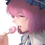  1girl amino_(tn7135) bangs blue_ribbon blurry depth_of_field eating eyelashes face from_side hat holding_food neck_ribbon open_mouth pink_eyes pink_hair pink_lips red_eyes ribbon ribbon-trimmed_collar ribbon_trim saigyouji_yuyuko shade simple_background solo sweets touhou white_background 
