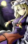  1girl blonde_hair breasts full_moon hair_ribbon hat hat_ribbon highres large_breasts looking_at_viewer mob_cap moon night red_eyes ribbon sky smile solo tabard touhou tress_ribbon y2 yakumo_yukari 