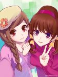  2girls bangs bow braid breasts brown_hair closed_mouth eyelashes flat_chest flower from_above hair_bow hair_ornament hair_over_shoulder hairband hairclip hat hat_flower jacket lipstick long_hair long_sleeves looking_at_viewer makeup multiple_girls osomatsu-kun osomatsu-san pink_lips red_eyes short_twintails smile swept_bangs taking_picture todoko_(osomatsu-san) touyama_maki turtleneck turtleneck_sweater twintails twitter_username v violet_eyes yellow_bow yowai_totoko 