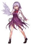  1girl breasts brooch dress full_body hair_over_one_eye hand_on_own_face highres ibuki_notsu jewelry kishin_sagume long_sleeves looking_at_viewer purple_hair red_eyes shoes short_hair single_wing solo standing touhou transparent_background wings 