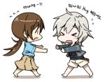  &gt;_&lt; 2girls anastasia_(idolmaster) brown_hair chibi closed_eyes commentary_request idolmaster idolmaster_cinderella_girls korean lowres multiple_girls nitta_minami open_mouth ori_(yellow_duckling) outstretched_arms shorts silver_hair skirt translated 