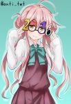  1girl 2016 ahoge anti_(untea9) commentary_request double_bun dress fancy_glasses glasses highres kantai_collection long_hair long_sleeves looking_at_viewer makigumo_(kantai_collection) pink_hair sleeves_past_wrists smile solo twintails twitter_username yellow_eyes 
