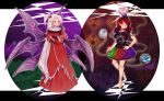  2girls barefoot chain clothes_writing collar demon_wings earth_(ornament) hair_ornament hecatia_lapislazuli highres moon_(ornament) multiple_girls muutzi red_eyes redhead robe shinki skirt touhou touhou_(pc-98) violet_eyes white_hair wings 