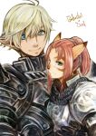  1boy 1girl animal_ears armor blonde_hair blue_eyes cat_ears character_name doraeshi elf elvaan facial_mark final_fantasy final_fantasy_xi green_eyes high_ponytail highres looking_at_viewer mithra pointy_ears redhead slit_pupils smile upper_body 