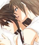  2girls bare_shoulders biting brown_eyes brown_hair ear_biting girl_on_top gogono_pan&#039;ya haruna_(kantai_collection) hiei_(kantai_collection) kantai_collection multiple_girls parted_lips short_hair yuri 