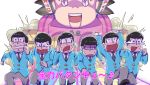  6+boys black_hair bowl_cut brothers clenched_hand clenched_teeth fleeing formal heart heart_in_mouth male_focus matsuno_choromatsu matsuno_ichimatsu matsuno_juushimatsu matsuno_karamatsu matsuno_osomatsu matsuno_todomatsu mecha messy_hair multiple_boys no_pupils osomatsu-kun osomatsu-san running sextuplets shaded_face siblings simple_background suit sweat tears white_background yowai_totoko zenryoku_batankyuu 