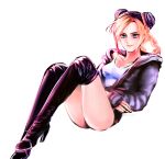  1girl blonde_hair blue_eyes boots braid double_bun fingerless_gloves full_body gloves high_heel_boots high_heels hoodie jojo_no_kimyou_na_bouken knee_boots kuujou_jolyne lipstick makeup mew_(epron) multicolored_hair orange_lipstick purple_hair solo tank_top twitter_username two-tone_hair 