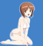  1girl arm_support barefoot bikini blue_background breast_squeeze breasts brown_eyes brown_hair cleavage girls_und_panzer highres leaning_forward looking_at_viewer nanashino navel nishizumi_miho open_mouth outline side-tie_bikini simple_background sitting solo swimsuit wariza white_bikini white_swimsuit 