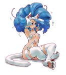 1girl absurdres adjusting_hair animal_ears armpits arms_up big_hair blue_eyes blue_hair cat_ears cat_tail claws crossed_legs felicia full_body fur highres long_hair paws sitting solo tail tsumujin vampire_(game) white_background 