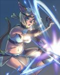  1girl animal_ears blonde_hair blue_eyes breasts cat_ears cat_tail cleavage cowboy_shot elbow_gloves facial_mark final_fantasy final_fantasy_xi gloves headband knee_pads loincloth looking_at_viewer midriff mithra navel open_mouth ponytail quot solo tail 
