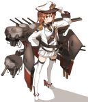  1girl adjusting_clothes adjusting_hat amonitto anchor_hair_ornament brown_hair cannon epaulettes gloves hair_ornament hand_on_hip hat jacket katana long_sleeves machinery mecha_musume military military_hat military_uniform open_clothes open_jacket original personification pleated_skirt ponytail red_eyes shirt skirt solo sword thigh-highs uniform weapon white_gloves white_legwear zettai_ryouiki 
