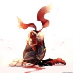  2boys absurdres armor artist_name blood boots gloves highres hoodie hug kneeling multiple_boys ozumii papyrus_(undertale) sans scarf shorts skeleton slippers spoilers tagme undertale what_if white_background 