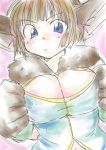  1girl animal_ears arms_up blue_eyes blush breasts brown_hair chrono_cross cleavage cleavage_cutout fur janice jewelry monster_girl paws rabbit_ears short_hair simple_background solo tagme tail 