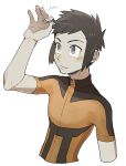  1boy brown_hair dark_skin denbaa grey_eyes hat hat_removed headwear_removed looking_up male_focus pokemon pokemon_(game) pokemon_oras shirt simple_background smile solo tight_shirt upper_body white_background yuuki_(pokemon) yuuki_(pokemon)_(remake) 