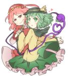  2girls bow green_eyes green_hair hands_together hat hat_bow heart heart_of_string iwasa_kasumi kawashiro_mitori komeiji_koishi multiple_girls open_mouth red_eyes redhead sash third_eye tongue tongue_out touhou wide_sleeves 