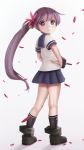  1girl absurdres akebono_(kantai_collection) artist_name black_legwear flower hair_flower hair_ornament hand_on_hip highres kantai_collection long_hair looking_at_viewer novcel petals purple_hair serious shadow shoes side_ponytail skirt socks solo standing violet_eyes white_background 