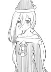  1girl alternate_costume bare_shoulders blush hat kantai_collection kiyoshimo_(kantai_collection) long_hair looking_at_viewer monochrome nakamura_kusata pom_pom_(clothes) santa_hat smile twintails 