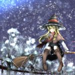 1girl blonde_hair blush boots broom broom_riding capelet hat kirisame_marisa long_hair open_mouth peach_camellia scarf shooting_star sidesaddle sky snow star_(sky) starry_sky touhou winter_clothes witch_hat yellow_eyes 