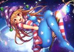  1girl american_flag_legwear american_flag_shirt bangs between_legs blonde_hair blush breasts clownpiece fairy_wings frilled_collar hat jester_cap long_hair looking_at_viewer open_mouth pantyhose red_eyes snowcanvas solo star torch touhou wings 
