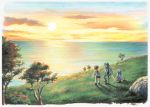  1999 1girl 2boys artist_request clouds dated full_body grandia grandia_ii grass landscape melfice_(grandia) multiple_boys ocean reena_(grandia) rock ryudo_(grandia) scenery signature sitting sky standing sunset tree twilight yellow_sky younger 