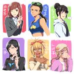  6+girls :d ;) bangs black_eyes black_hair blonde_hair blush bow bracelet brown_eyes brown_hair byakuya0315 character_name choroko_(osomatsu-san) closed_mouth collarbone collared_shirt crop_top dark_skin dress_shirt earrings eyebrows eyebrows_visible_through_hair fang flower frills fujoshi ganguro glasses hair_bow hair_bun hair_ornament hair_over_shoulder hair_slicked_back hair_twirling hairclip hat hat_flower heart heart_in_mouth highres hood_down hooded_jacket hoop_earrings ichiko_(osomatsu-san) index_finger_raised interlocked_fingers jacket jewelry juushiko_(osomatsu-san) karako_(osomatsu-san) long_hair long_sleeves looking_at_viewer low_ponytail mars_symbol multiple_girls necklace off_shoulder office_lady one_eye_closed open_mouth orange_bow osoko_(osomatsu-san) osomatsu-kun osomatsu-san pink_lips print_shirt rimless_glasses sanematsu_(osomatsu-san) shirt short_hair smile speech_bubble sunglasses sunglasses_on_head swept_bangs tank_top todoko_(osomatsu-san) upper_body yellow_eyes 