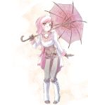  1girl belt boots breasts brown_eyes brown_hair cleavage gloves heterochromia high_heel_boots high_heels highres iesupa jewelry multicolored_hair navel necklace neo_(rwby) pink_eyes pink_hair rwby umbrella white_hair 