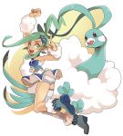  1girl altaria aqua_eyes aqua_hair arm_warmers asymmetrical_hair bird choker denbaa earrings hair_ornament hairclip idol jewelry long_hair looking_at_viewer lucia_(pokemon) midriff navel open_mouth pointing pointing_at_viewer pokemon pokemon_(creature) pokemon_(game) pokemon_oras ponytail shorts showgirl_skirt sidelocks single_thighhigh smile thigh-highs 