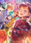  3girls absurdres bishoujo_senshi_sailor_moon blonde_hair blue_eyes brown_hair crescent_earrings dutch_angle earrings flower from_behind green_eyes highres index_finger_raised jewelry microphone multiple_girls one_eye_closed open_mouth ponytail purple_hair rose seiya_kou smile sparkle taiki_kou touki_matsuri violet_eyes yaten_kou 