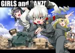  6+girls anchovy belt black_eyes black_hair black_shirt blonde_hair braid carpaccio carro_armato_p40 carro_veloce_cv-33 clouds cloudy_sky copyright_name dress_shirt drill_hair girls_und_panzer green_eyes green_hair hair_ribbon helmet holding jacket long_hair military military_uniform multiple_girls necktie open_mouth osusitan outdoors pants pepperoni_(girls_und_panzer) ribbon riding_crop running semovente_75/18 shirt short_hair skirt sky smile twin_drills twintails uniform 