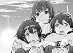  3girls ahoge asakawa_(outeq) blush clouds cup hairband hatsushimo_(kantai_collection) kantai_collection kitakami_(kantai_collection) long_hair looking_at_viewer monochrome mug multiple_girls open_mouth pointing remodel_(kantai_collection) scarf sky smile sparkle steam sun tagme ushio_(kantai_collection) 