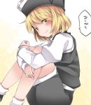  1girl blonde_hair blush commentary_request hammer_(sunset_beach) hat leg_hug looking_at_viewer lunasa_prismriver short_hair skirt smile solo touhou translation_request yellow_eyes 