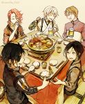  5boys alcohol beer beer_mug black_hair bowl brown_hair chopsticks closed_eyes eyepatch food heshikiri_hasebe jacket japanese_clothes kotatsu male_focus multiple_boys open_mouth pink_hair rice shokudaikiri_mitsutada smile souza_samonji table touken_ranbu track_jacket tsubaki_(teatime0) tsurumaru_kuninaga violet_eyes white_hair yagen_toushirou 