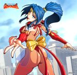  1girl ass blue_eyes blue_hair choujin_gakuen_gowcaizer cityscape copyright_name covered_nipples cowboy_shot detached_sleeves from_behind highres hishizaki_shaia_(gowcaizer) jewelry lipstick long_hair looking_at_viewer looking_back makeup outdoors parted_lips ponytail revealing_clothes ring see-through shoulder_pads solo zabzarock 