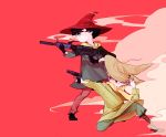  2boys black_gloves boots brown_boots character_request covered_mouth full_body gloves gun hand_on_headwear hat highres judy6241 moomin multiple_boys one_knee outstretched_arm pipe pose profile red_background rifle scarf smoke smoking snufkin weapon 