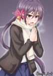  1girl akebono_(kantai_collection) anti_(untea9) bell breath coat commentary_request flower hair_bell hair_flower hair_ornament hands_together highres kantai_collection long_hair looking_at_viewer open_mouth purple_hair scarf school_uniform serafuku side_ponytail solo sweatdrop twitter_username very_long_hair violet_eyes 