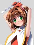  1girl armpits arms_up blush brown_hair cardcaptor_sakura cheerleader green_eyes kinomoto_sakura looking_at_viewer sen_(sansui) short_hair smile solo 