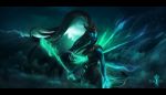  1girl black_hair black_lipstick blue_skin character_name dgatrick glowing glowing_eyes helmet highres impaled kalista league_of_legends lipstick long_hair makeup no_pupils polearm ponytail solo spear watermark weapon 