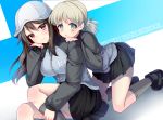  2girls aki_(girls_und_panzer) black_skirt brown_eyes brown_hair girls_und_panzer green_eyes grey_legwear hand_on_own_face hands_on_another&#039;s_shoulders hat jacket kneeling long_sleeves looking_at_viewer mika_(girls_und_panzer) miniskirt multiple_girls pleated_skirt shoes short_hair short_twintails sitting skirt smile socks track_jacket twintails uzura_moimoi 