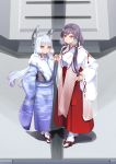  2girls brown_eyes female_admiral_(kantai_collection) hand_on_hip headgear hiememiko highres holding_hands interlocked_fingers japanese_clothes kantai_collection kimono long_hair looking_at_viewer miko multiple_girls murakumo_(kantai_collection) purple_hair sandals sidelocks smile tabi twintails violet_eyes 
