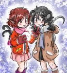  2girls animal_ears blush brown_hair chen grey_hair hat mittens mob_cap multiple_girls multiple_tails nazrin phone red_eyes rochika_gekijou scarf self_shot short_hair smile snow tail tongue tongue_out touhou v winter winter_clothes 
