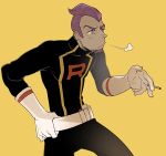  1boy belt cigarette cowboy_shot denbaa facial_hair gloves goatee lambda_(pokemon) male_focus pokemon purple_hair simple_background slouching solo team_rocket white_gloves yellow_background 