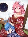  2girls alcohol alternate_costume bandaged_arm bandages blue_hair bun_cover closed_eyes cuffs double_bun drill_hair drunk dutch_angle floral_print hair_bun hair_ornament hair_rings hair_stick highres ibaraki_kasen japanese_clothes kaku_seiga kimono lap_pillow multiple_girls night pink_eyes pink_hair sake short_hair sleeping sleeping_on_person smile touhou u2_(5798239) 