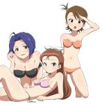  084_pro 3girls :o all_fours arm_support bandeau bikini blue_hair blush bow brown_hair futami_ami hair_bow highres idolmaster idolmaster_cinderella_girls kneeling long_hair looking_at_viewer lying minase_iori miura_azusa multiple_girls o-ring_bikini on_back red_eyes ryuuguu_komachi short_hair side-tie_bikini smile swimsuit white_background 