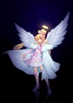  1girl aida_mana angel angel_wings blonde_hair boots bow cape cure_heart cure_heart_parthenon_mode dokidoki!_precure full_body hair_ornament halo heart heart_hair_ornament high_heel_boots high_heels highres kazuma_muramasa knee_boots outstretched_arm pink_boots pink_bow precure red_eyes smile solo standing star starry_background wings 