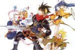  2boys 2girls bandages belt butterfly elena_(grandia) grandia grandia_ii highres multiple_boys multiple_girls official_art roan_(grandia) ryudo_(grandia) serious staff sword tio_(grandia) torn_clothes weapon white_background 