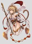  1girl :o ahoge anchira_(granblue_fantasy) bare_shoulders barefoot blonde_hair blush breasts brown_eyes detached_sleeves fur_trim granblue_fantasy hairband highres looking_at_viewer madogawa monkey_ears monkey_tail red_eyes short_hair sideboob simple_background small_breasts solo staff thigh-highs 